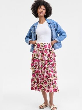 On 34th Women's Tiered Ruffle Midi Skirt Floral Pink Yellow Feminine L